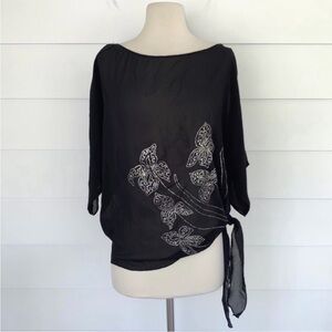 VTG Semi Sheer Sparkly Floral Knot Side Top Black